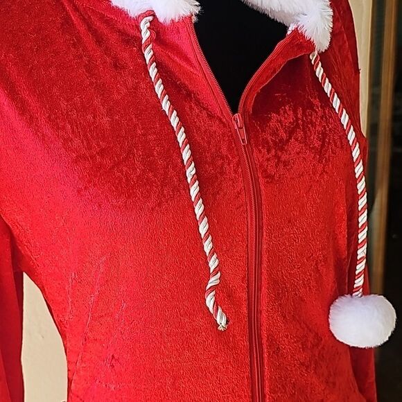 Mrs Claus costume has red zipper front dress with hood size small - Picture 3 of 13